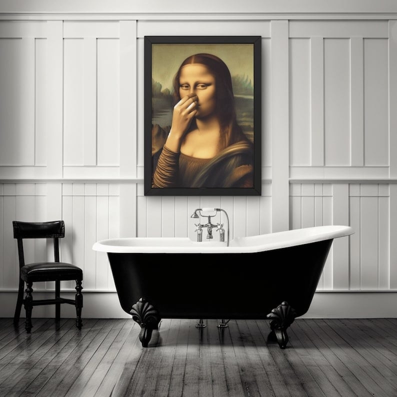 Imitation Mona Lisa kunstdekoration, sjov vintage toilet humor rumindretnin