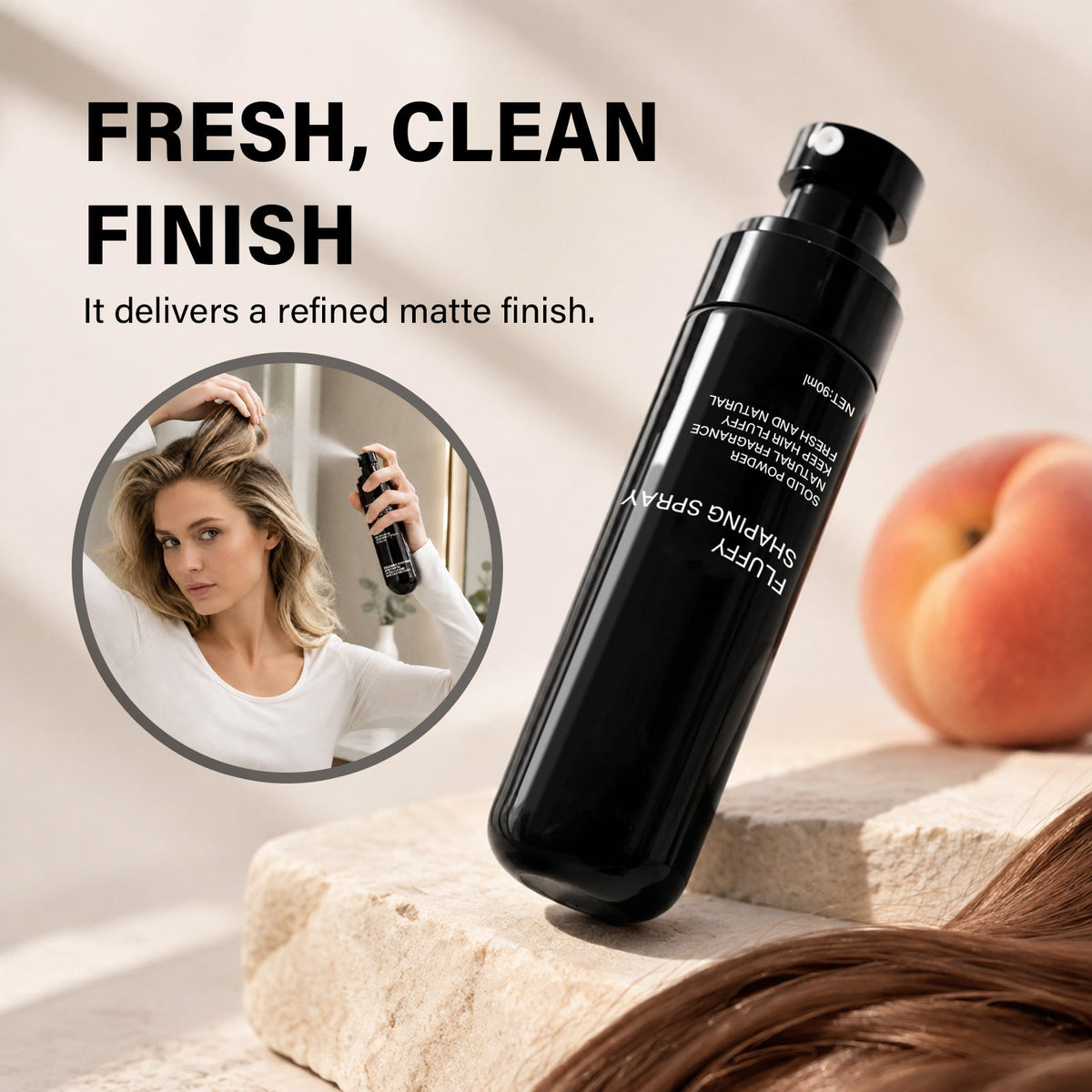 💁 50 % RABAT I BEGRÆNSET PERIODE! Fluffy Hair Shaping Spray, hårspray med langvarig ferskenduft, der giver volumen og holder hele dagen