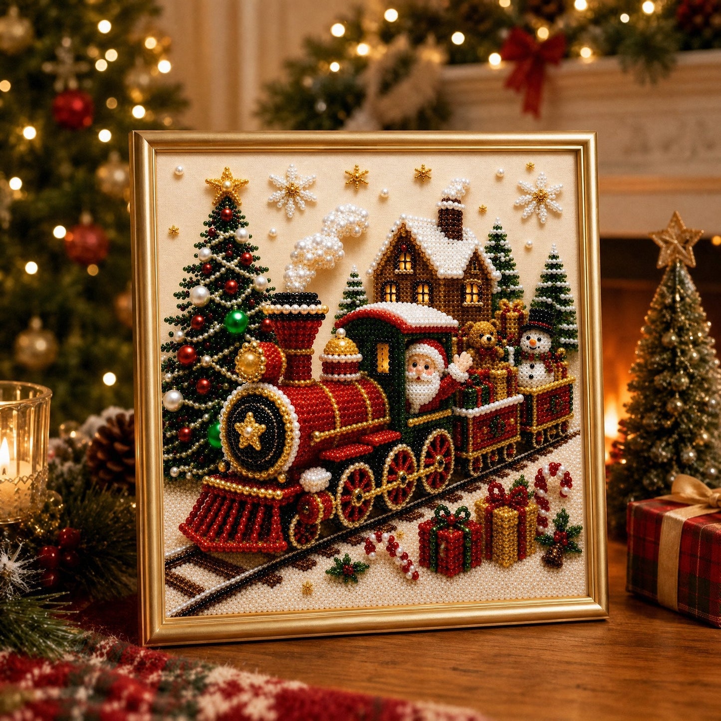 🎄🎅 Premium 3D-perle-julevægdekorationssæt | Luksuriøst flokket lærred med ridsefaste, farveægte perler – DIY-julepynt ⛄️❄️