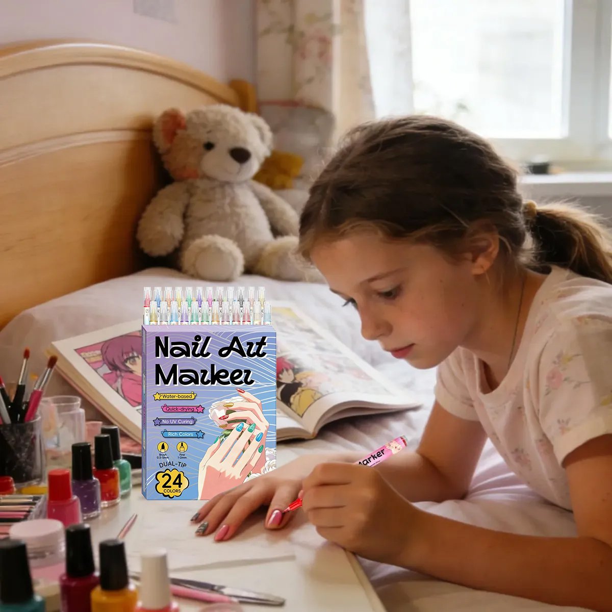 🔥Sidste dag med 50 % rabat🎨12/24 farver neglemarkører med dobbelt spids til neglekunst