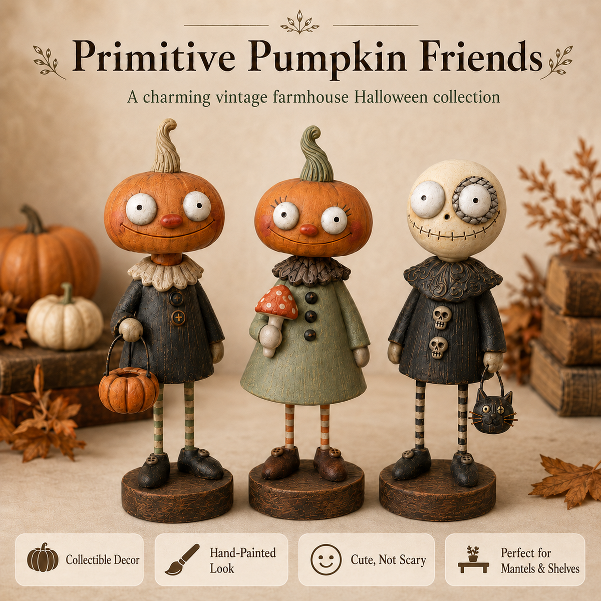 🎃Primitive Pumpkin Friends – Samling af vintage Halloween-figurer
