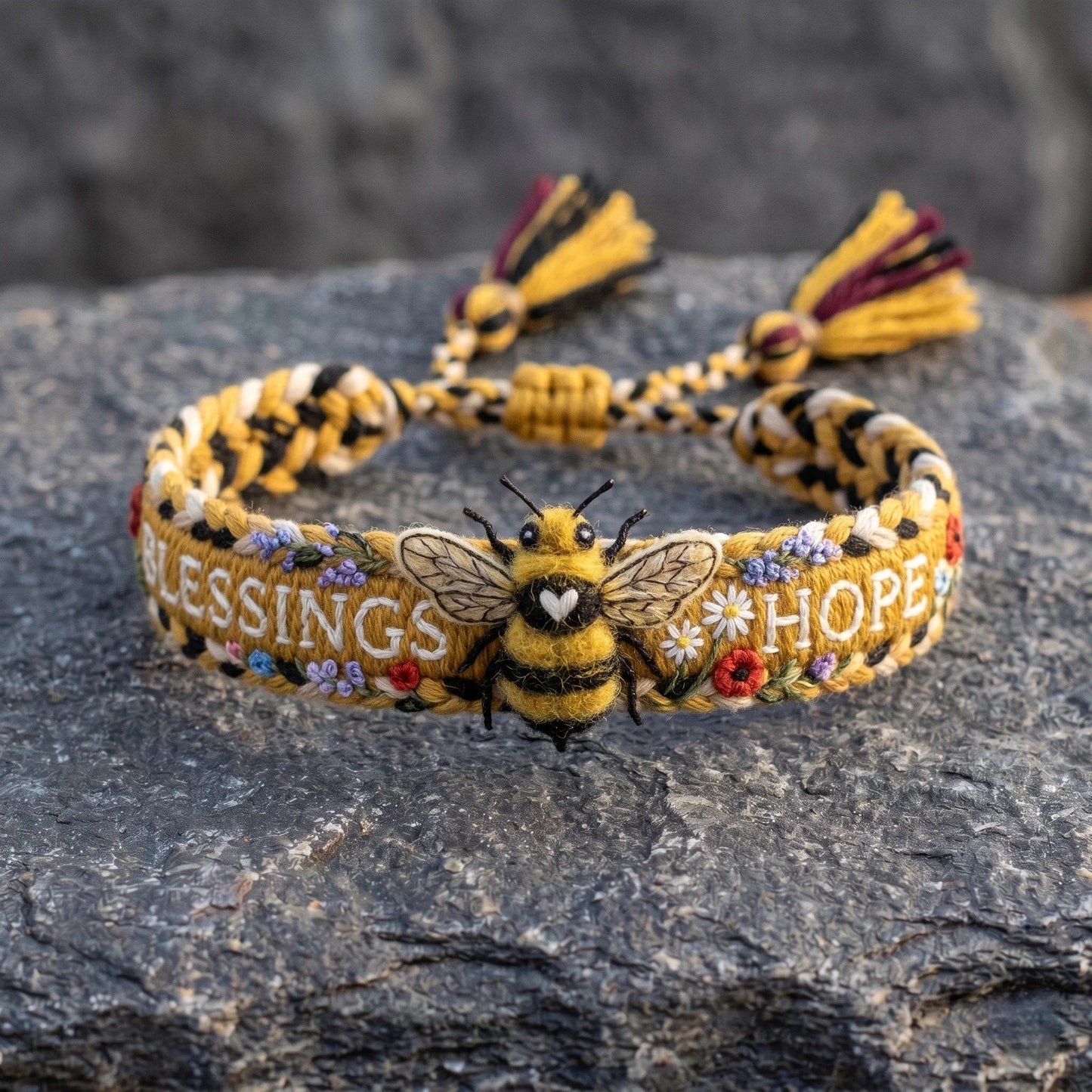 🌼Velsignelser & håb 🐝2026 Limited Edition – håndlavet armbånd med vævet bi-motiv