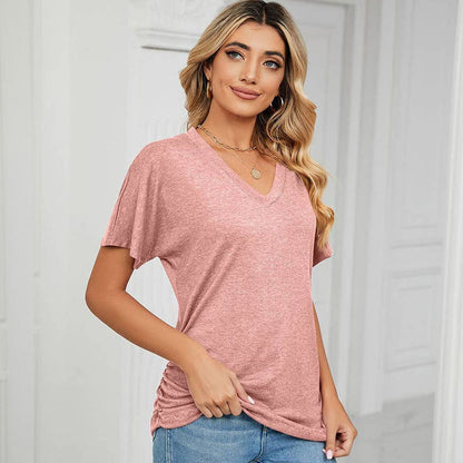 Sommerfarvet V-hals løs t-shirt til kvinder