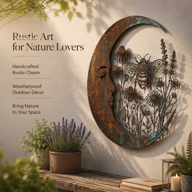 🌙Vægdekoration »Enchanted Moon Garden« – Vintage-inspireret metalvægdekoration med naturmotiver