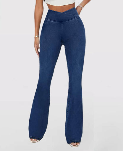 LAST DAY SALE 49% OFF🔥Høj talje med krydsede lommer Stretchy strikkede casual flare jeans