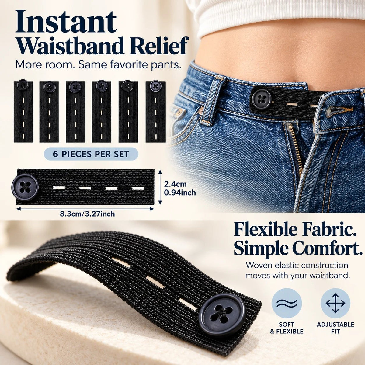 👖 Knapper til forlængelse af elastisk linning – justerbar pasform, sæt med 6 stk