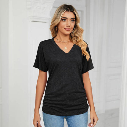 Sommerfarvet V-hals løs t-shirt til kvinder