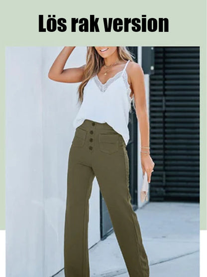 ⏳Solid color casual straight multi-pocket high elastic pants