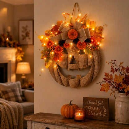 🎃✨ Lysende græskar-krans af ju