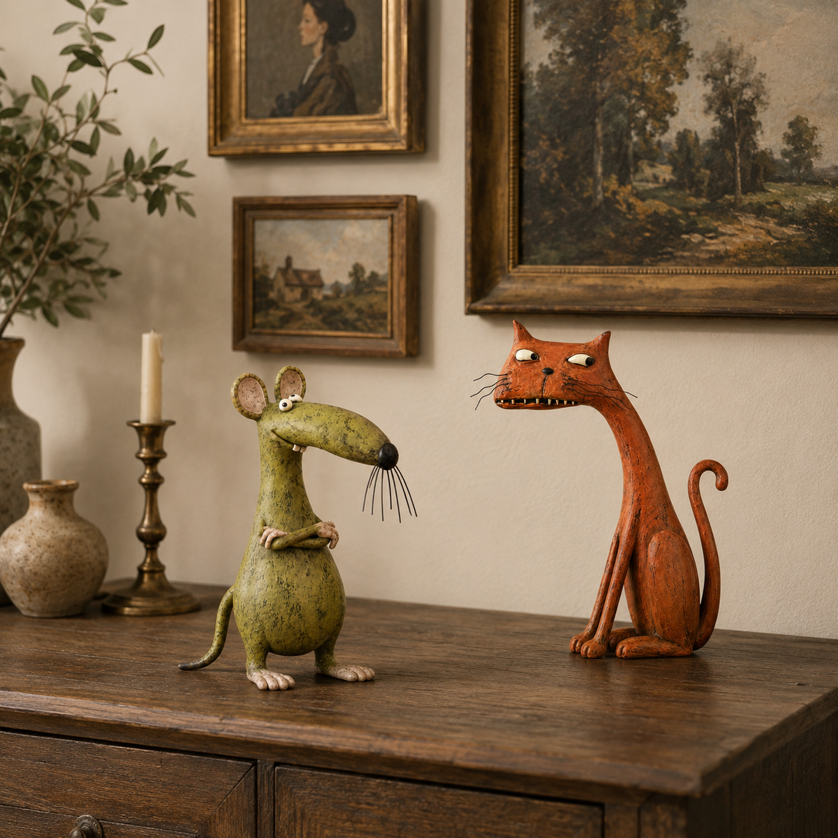 Sjov vintagefigur af en mus og en kat