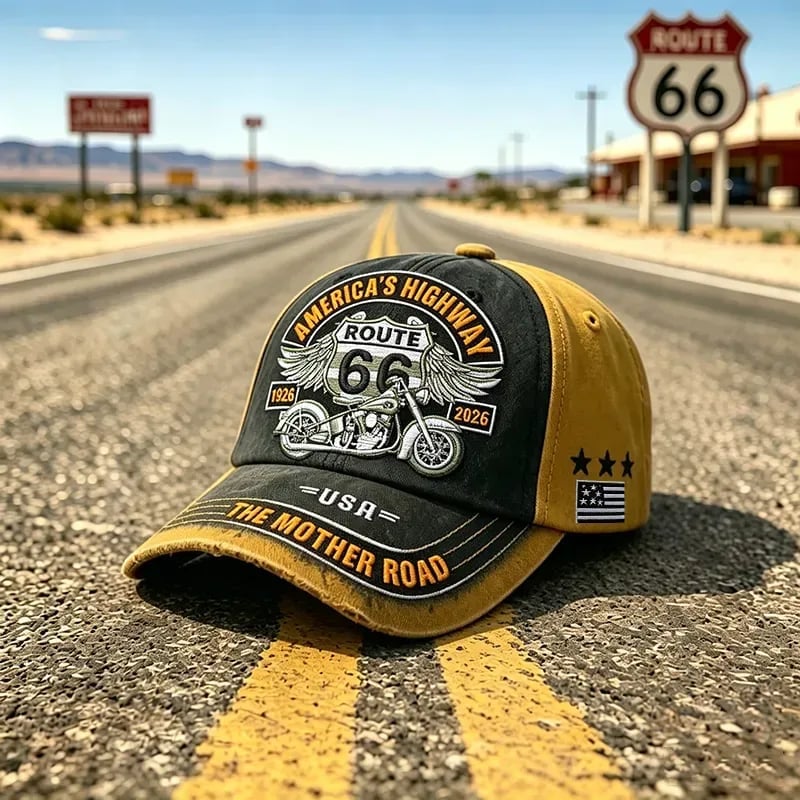 🏍️Casual baseballkasket med retro-motiv fra US Route 66 i anledning af 100-årsjubilæet