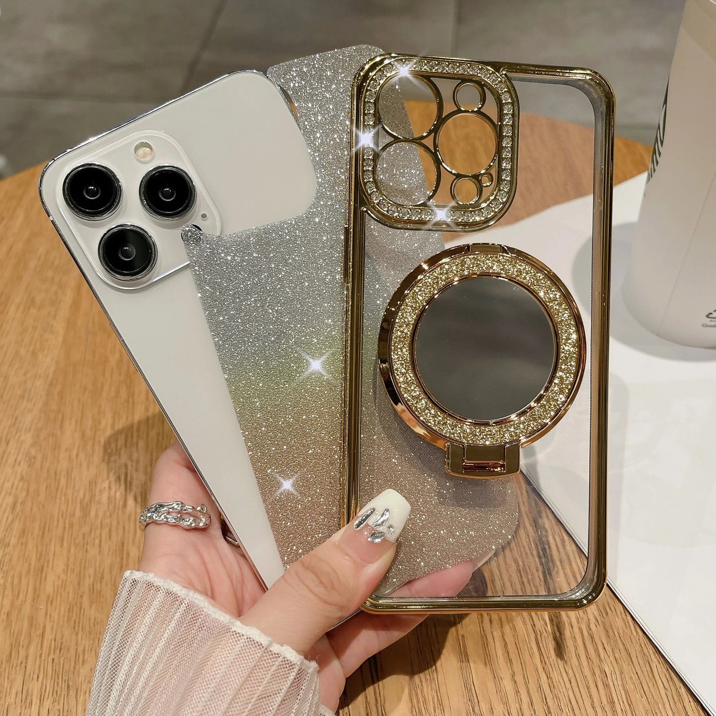 📲✨Gradient Glitter Holder Makeup Mirror Beskyttende etu