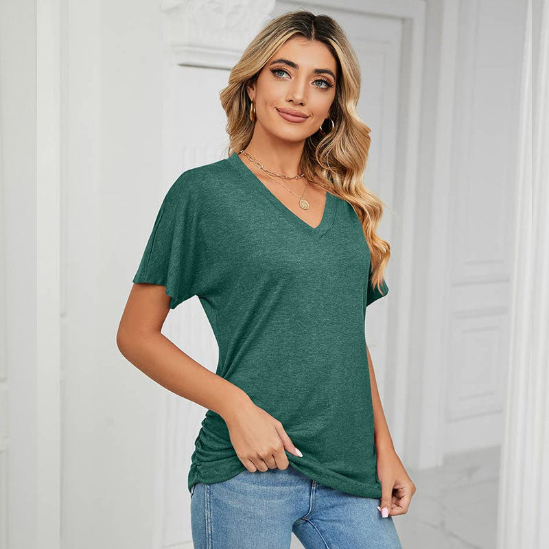 Sommerfarvet V-hals løs t-shirt til kvinder