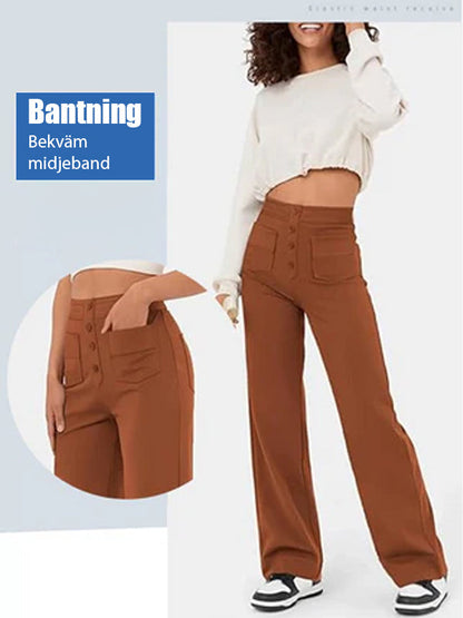 ⏳Solid color casual straight multi-pocket high elastic pants