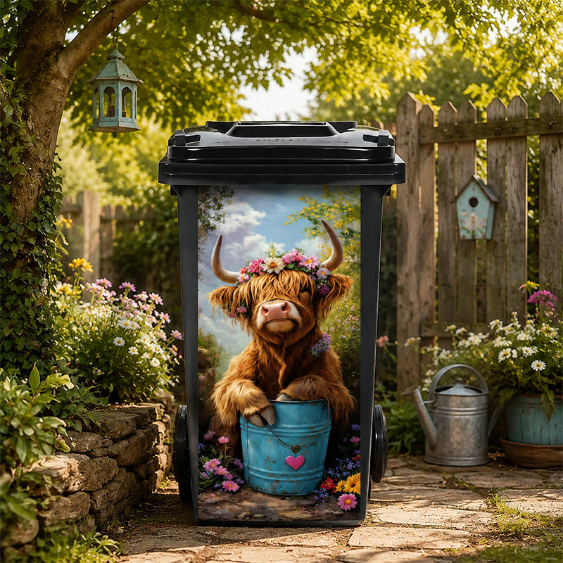 🐮 Klistermærke til skraldespand med blomsterprint af en højlandsko