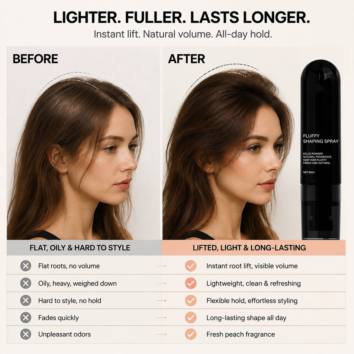 💁 50 % RABAT I BEGRÆNSET PERIODE! Fluffy Hair Shaping Spray, hårspray med langvarig ferskenduft, der giver volumen og holder hele dagen