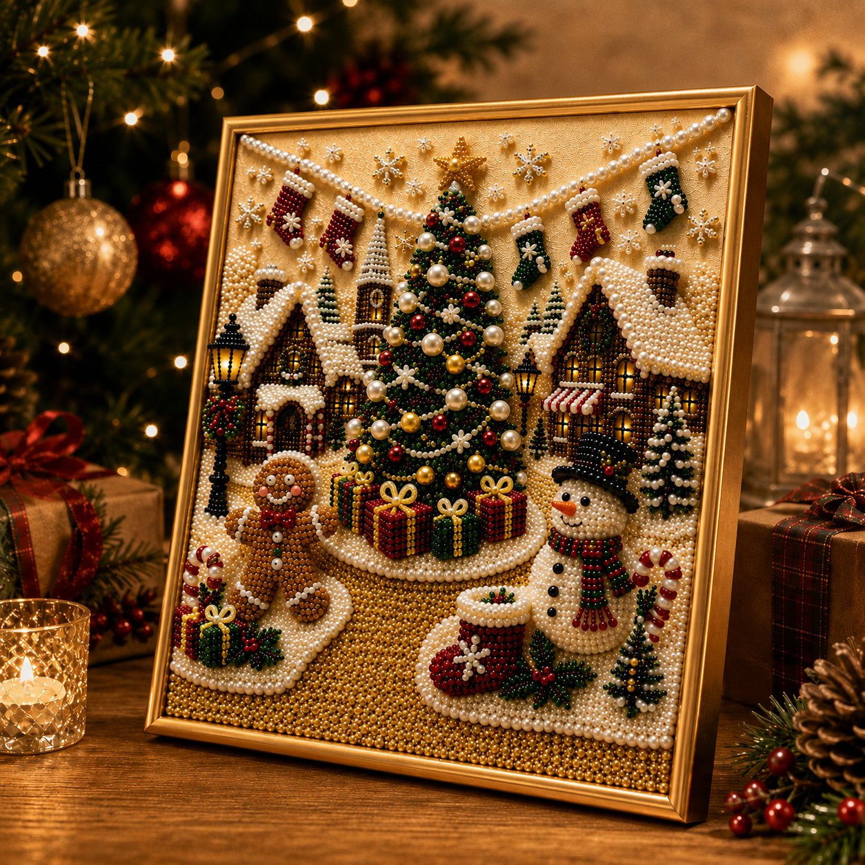 🎄🎅 Premium 3D-perle-julevægdekorationssæt | Luksuriøst flokket lærred med ridsefaste, farveægte perler – DIY-julepynt ⛄️❄️