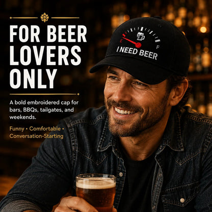 🔥 SIDSTE DAG MED 50% RABAT - 🍺 'I NEED BEER' broderet baseballkasket – Unisex mindekasket 🧢