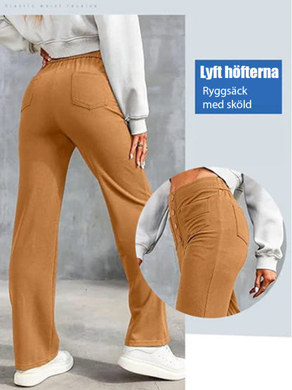 ⏳Solid color casual straight multi-pocket high elastic pants