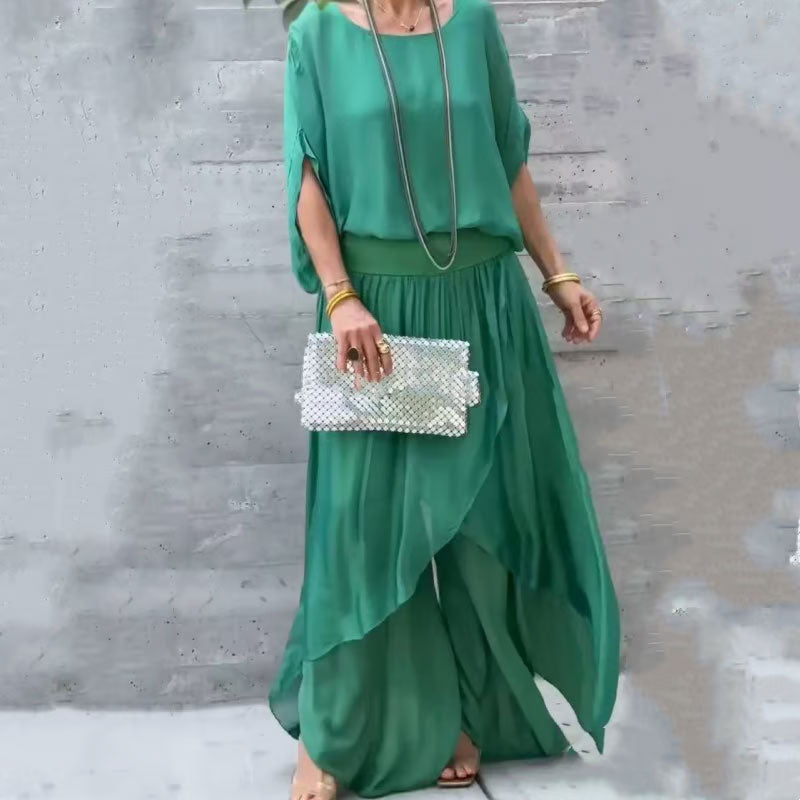 🌹 Løs top og bukser med brede ben Chiffon 2-delt sæt