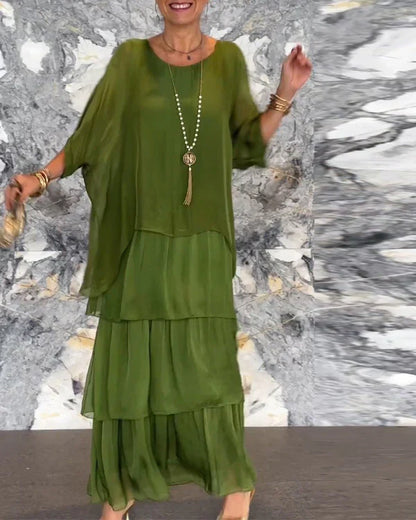 Artistic Loose Dress/ Chiffon Sleeveless Dolman Sleeve Round Neck Long Dress