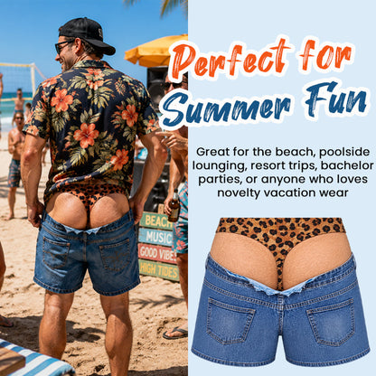 Sjove badebukser i leopardmønster, der ligner denim | Originale strandbukser med illusionseffekt