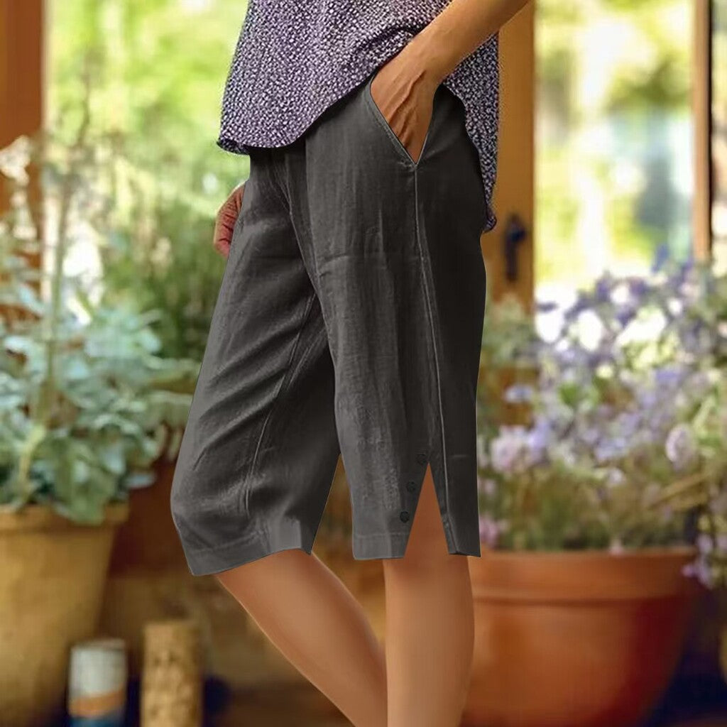 📢50 % rabat i en begrænset periode👖Casual capri-bukser i ensfarvet stof med lommer til kvinder