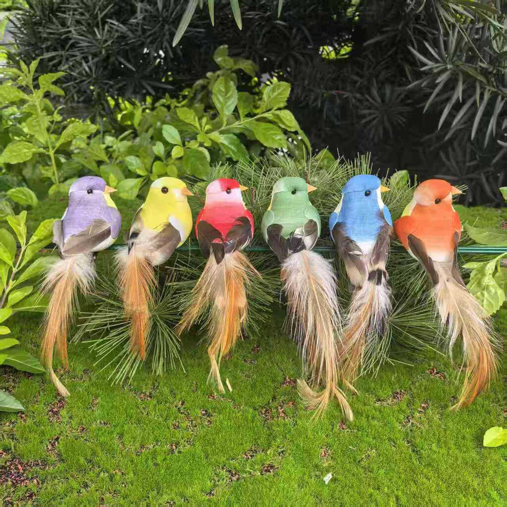 🐦 Kunstige fugle med fjer og klips (12 stk pr pakke)