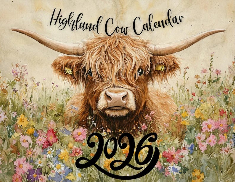 🐮Highland Cow Kalender 2026 – Rustik bondegårdsvægkunst og månedsplanlægger