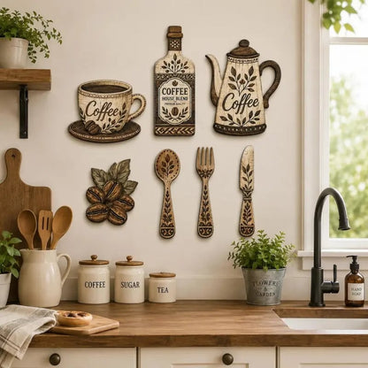 ☕ 7-delt sæt vægdekoration i træ med kaffemotiv til køkkenet – Vægkunst i vintage bondegårdsstil med kaffetema
