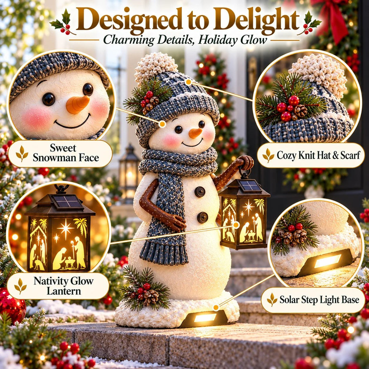 ⛄️🎄Snowman Nativity Glow™ – Solcelledrevet juletrappelygte med projektion af den hellige familie🌙