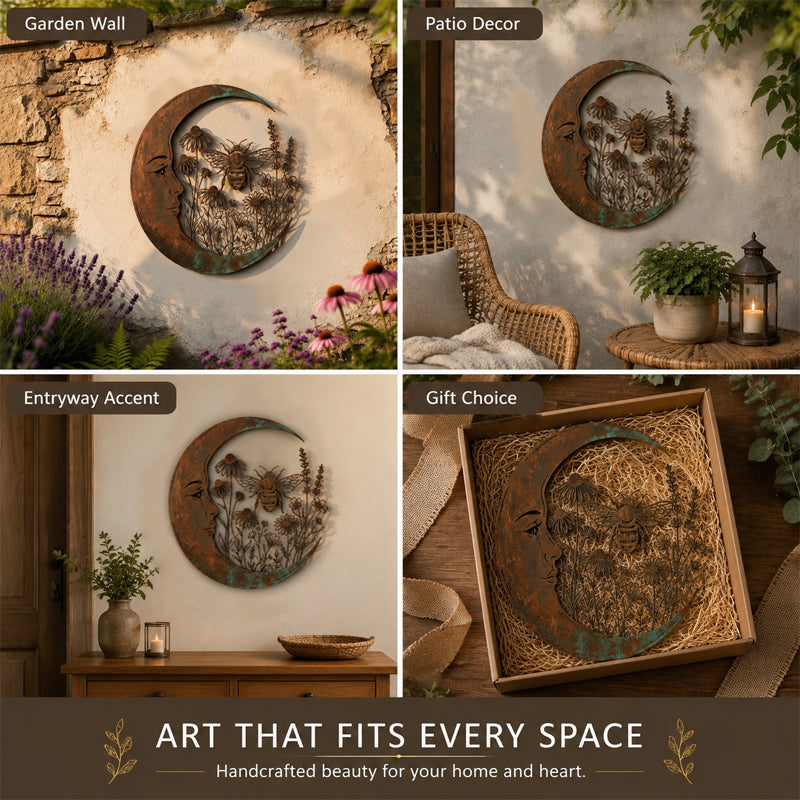 🌙Vægdekoration »Enchanted Moon Garden« – Vintage-inspireret metalvægdekoration med naturmotiver