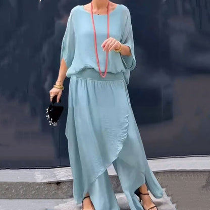 🌹 Løs top og bukser med brede ben Chiffon 2-delt sæt