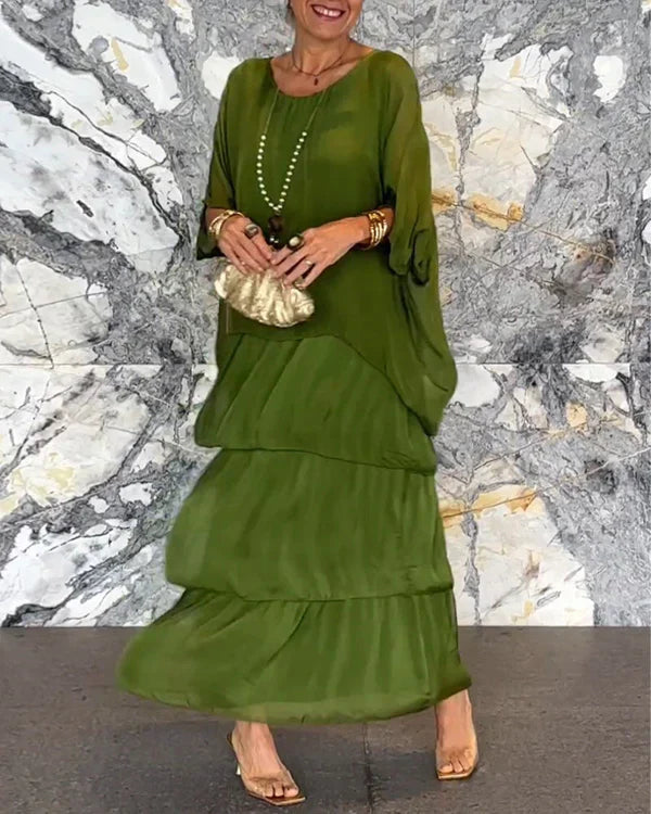 Artistic Loose Dress/ Chiffon Sleeveless Dolman Sleeve Round Neck Long Dress
