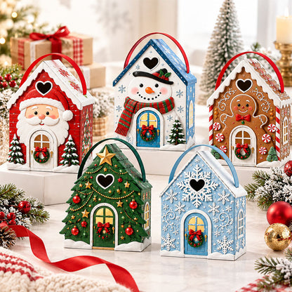 Gaveæske med »Christmas Cottage«-håndtag – 3D-gaveæske til julekonfekt og småkager