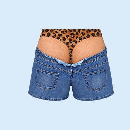 Sjove badebukser i leopardmønster, der ligner denim | Originale strandbukser med illusionseffekt
