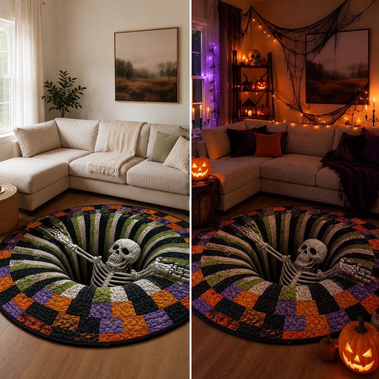 🎃3D-skelet-hvirvelmønstret, quiltet, rundt Halloween-tæppe