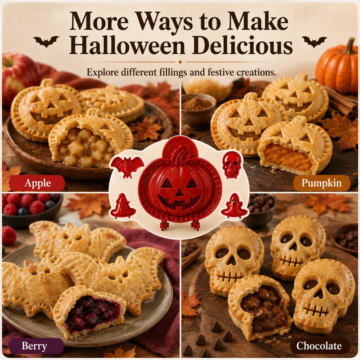 🎃 Halloween-sæt med mini-tærteforme – 8 uhyggelige motiver til nem festlig bagning