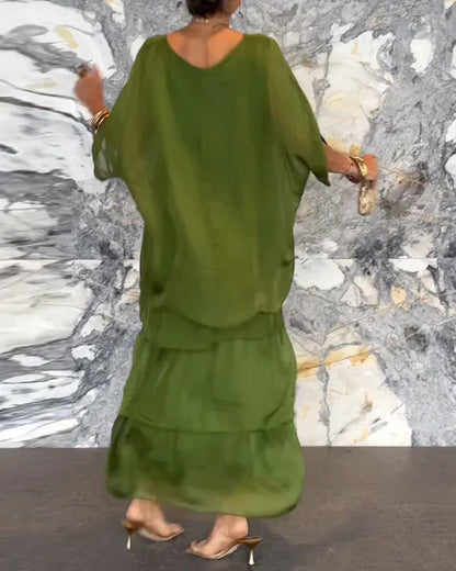 Artistic Loose Dress/ Chiffon Sleeveless Dolman Sleeve Round Neck Long Dress