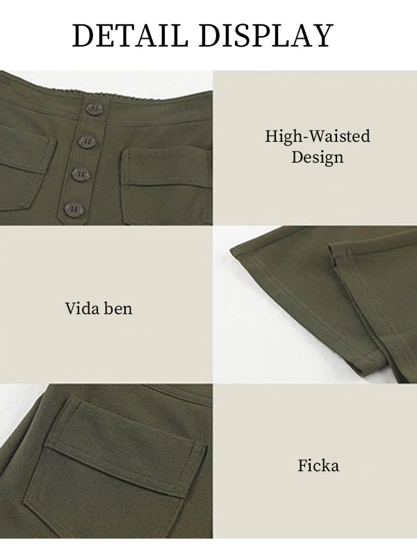 ⏳Solid color casual straight multi-pocket high elastic pants