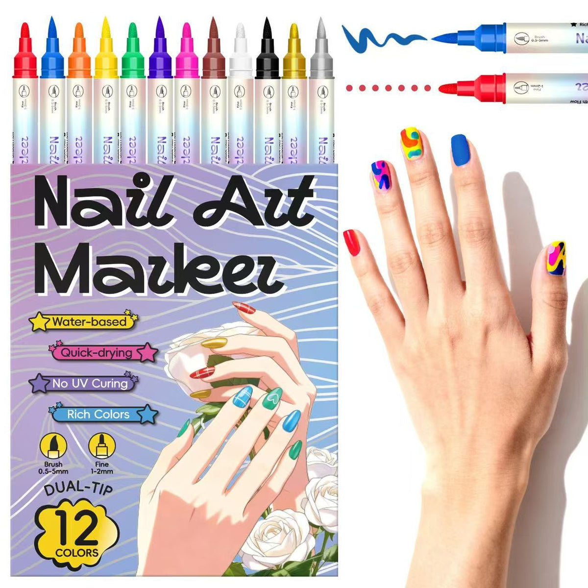 🔥Sidste dag med 50 % rabat🎨12/24 farver neglemarkører med dobbelt spids til neglekunst