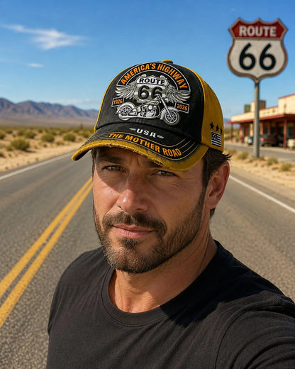 🏍️Casual baseballkasket med retro-motiv fra US Route 66 i anledning af 100-årsjubilæet