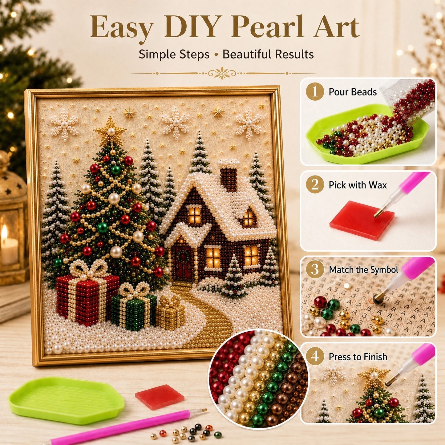 🎄🎅 Premium 3D-perle-julevægdekorationssæt | Luksuriøst flokket lærred med ridsefaste, farveægte perler – DIY-julepynt ⛄️❄️