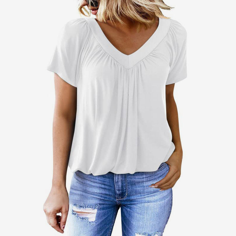 Plisseret kortærmet T-shirt med V-hals til kvinder