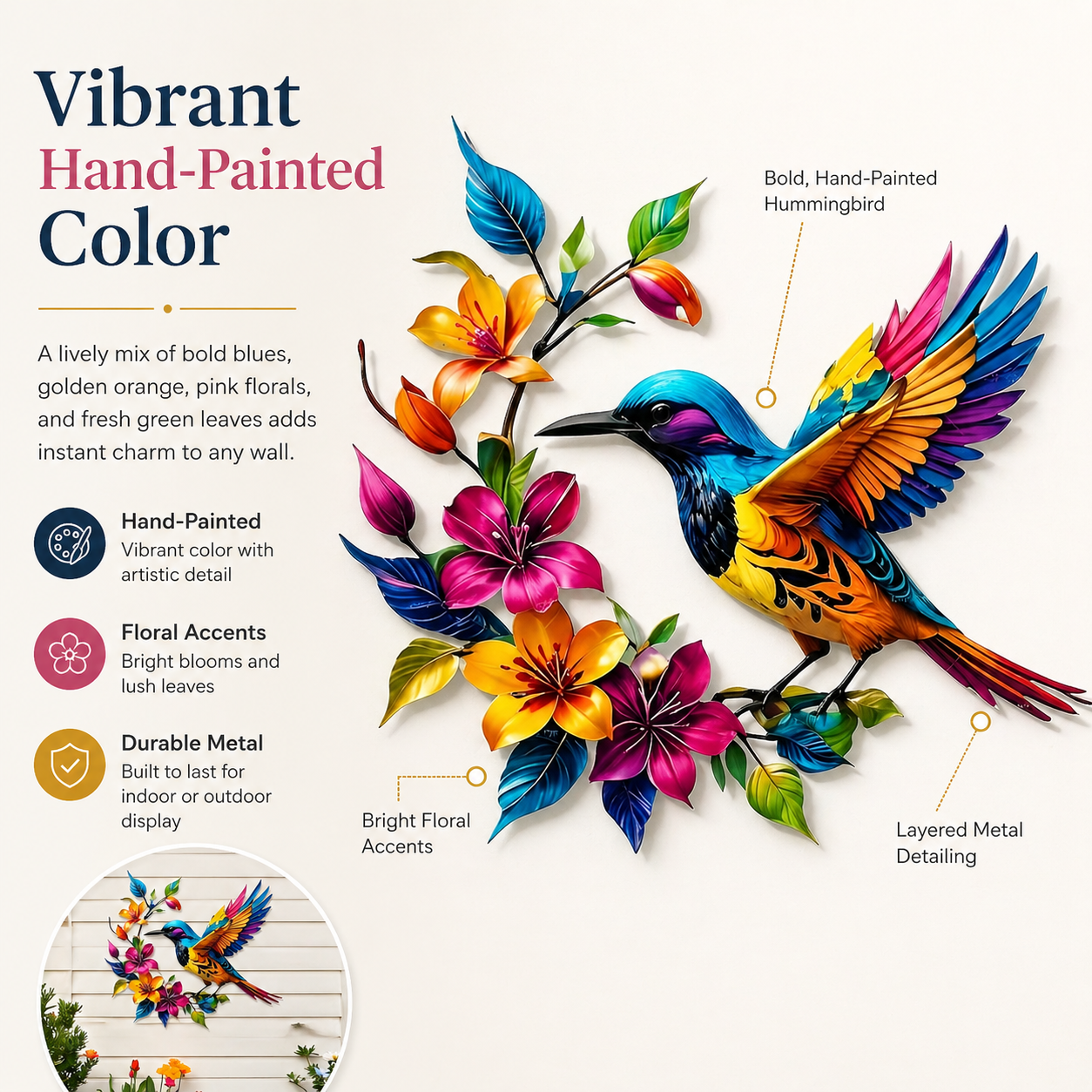 Hummingbird Bloom – Vægdekoration i metal