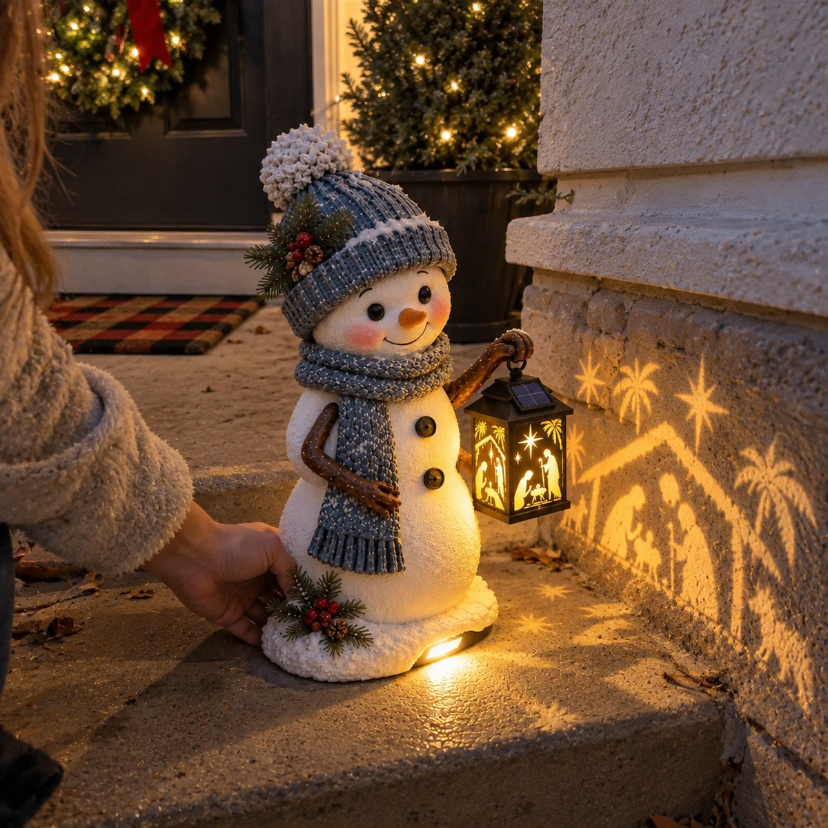 ⛄️🎄Snowman Nativity Glow™ – Solcelledrevet juletrappelygte med projektion af den hellige familie🌙