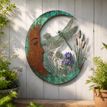 🌙Vægdekoration »Enchanted Moon Garden« – Vintage-inspireret metalvægdekoration med naturmotiver