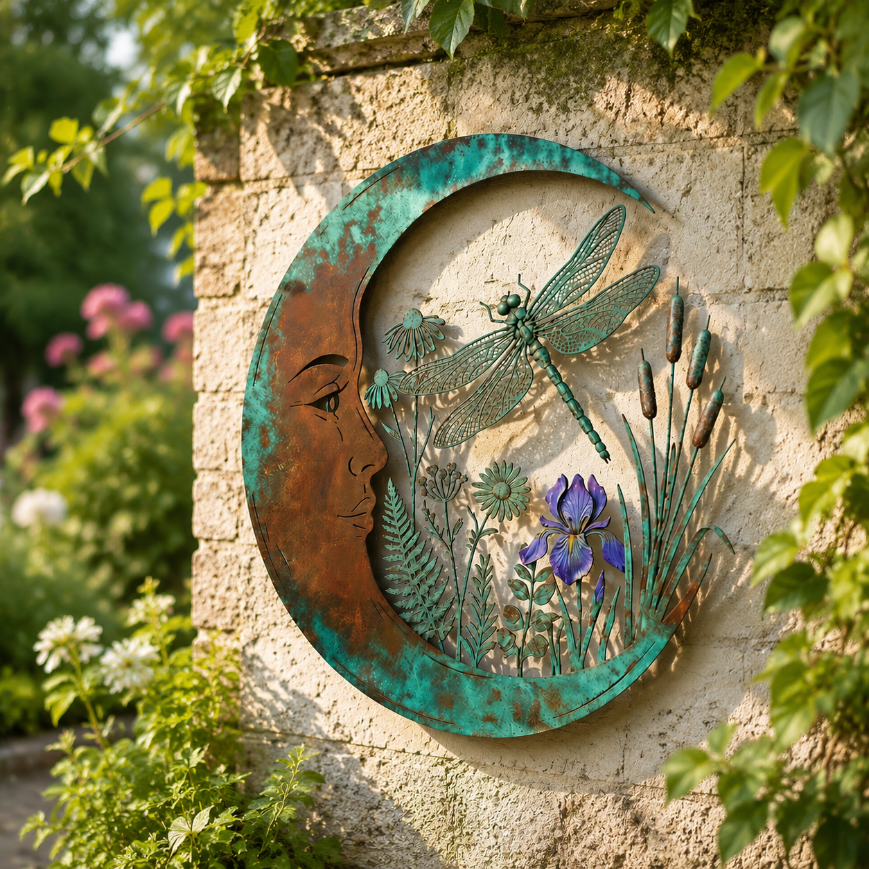 🌙Vægdekoration »Enchanted Moon Garden« – Vintage-inspireret metalvægdekoration med naturmotiver