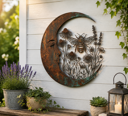 🌙Vægdekoration »Enchanted Moon Garden« – Vintage-inspireret metalvægdekoration med naturmotiver