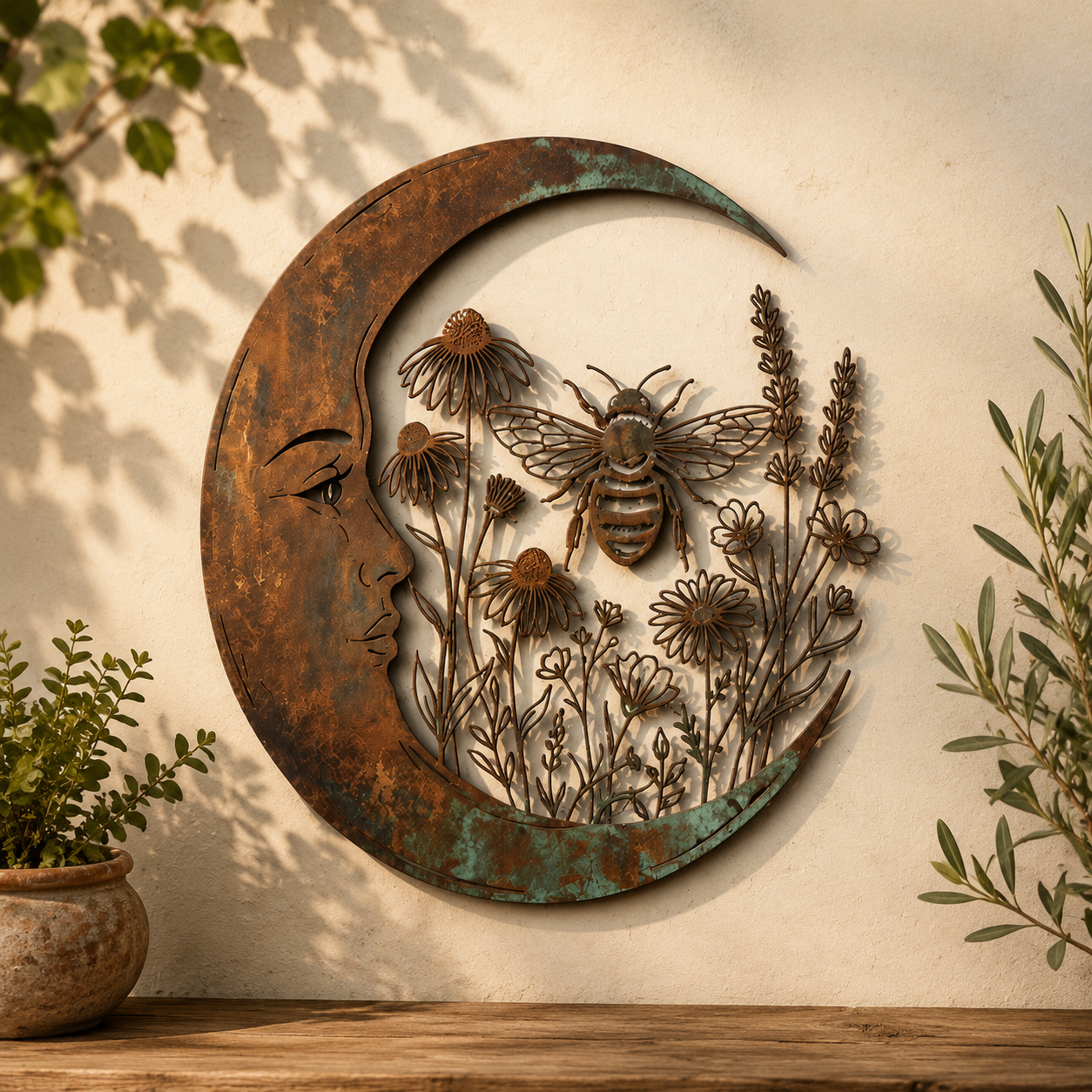 🌙Vægdekoration »Enchanted Moon Garden« – Vintage-inspireret metalvægdekoration med naturmotiver